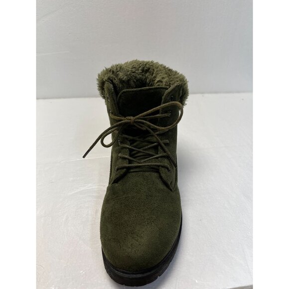 Womens Modern Rebel Olive Faux Suede Ankle Boots With Faux Fur Lining & Lace-Up - Picture 9 of 14